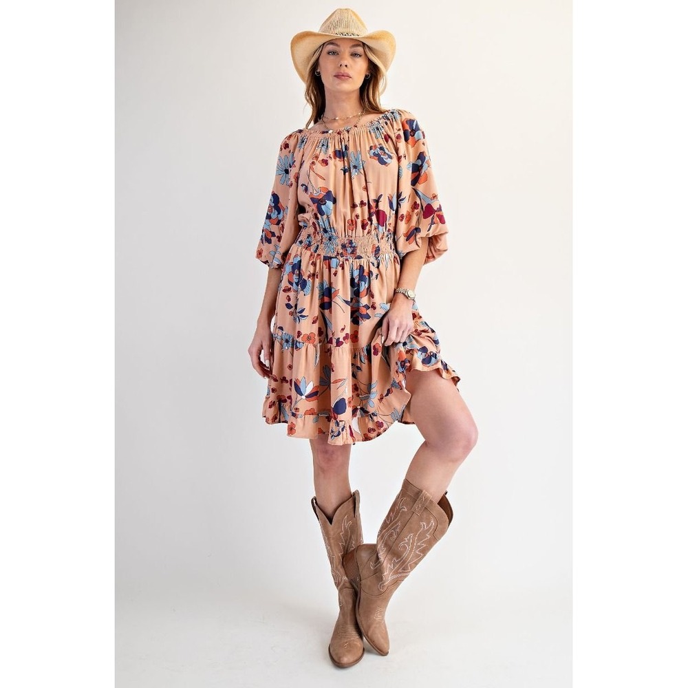 Easel Women Floral Smocked‎ Waist Off Shoulder Challis Mini Dress  Tan M